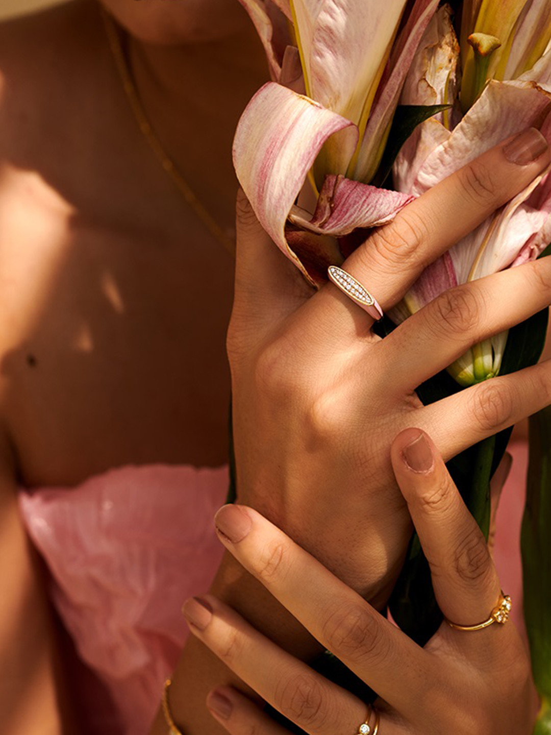 Perfectly Average Women 18K Gold Plated Jewellery Pink Enamel Studded Ring