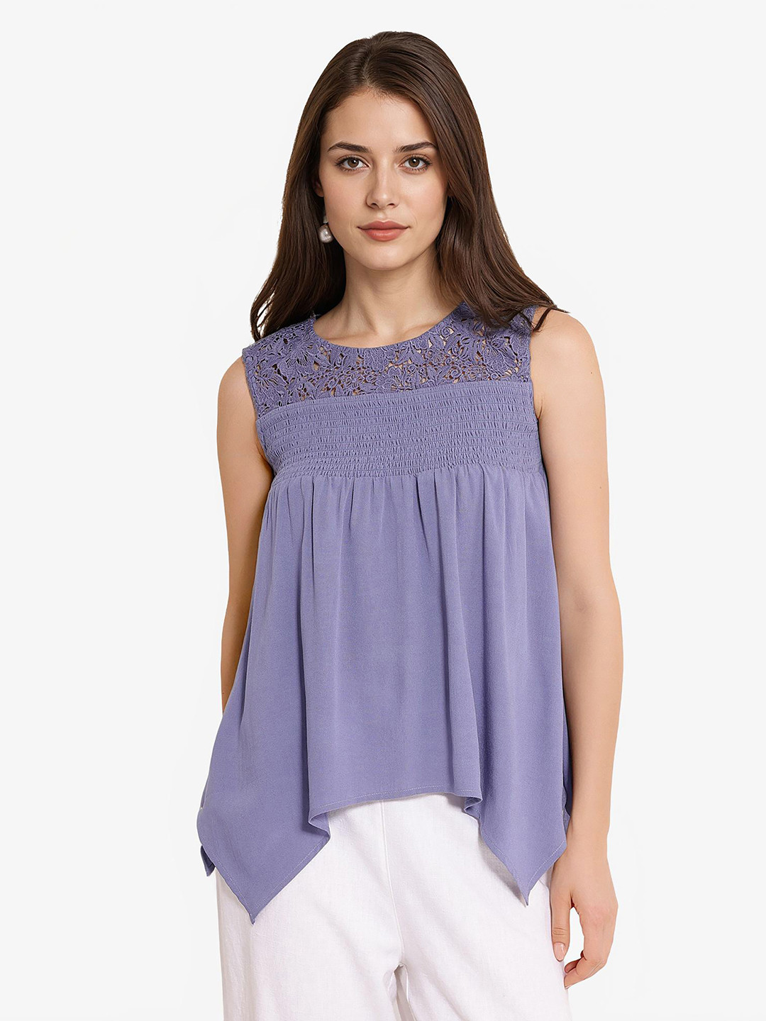 RAREISM Women Round Neck Smocking Sleeveless Crochet Top