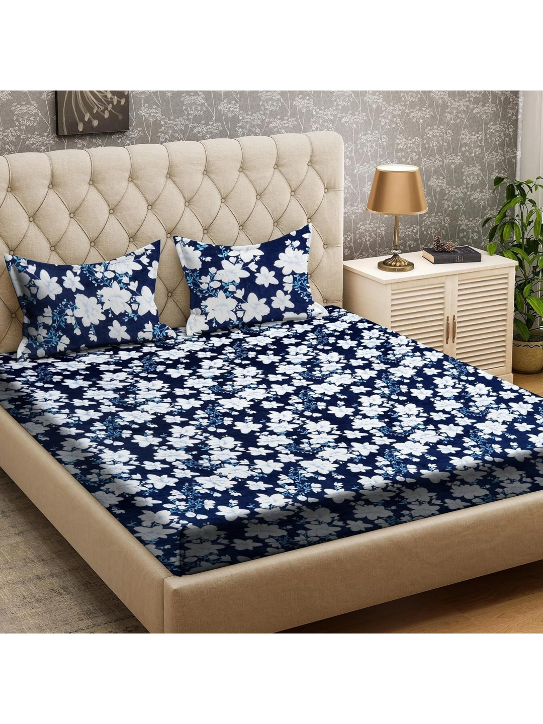 RRC Blue Floral Wool 300 TC Queen Bedsheet with 2 Pillow Covers-90 x 218 inches