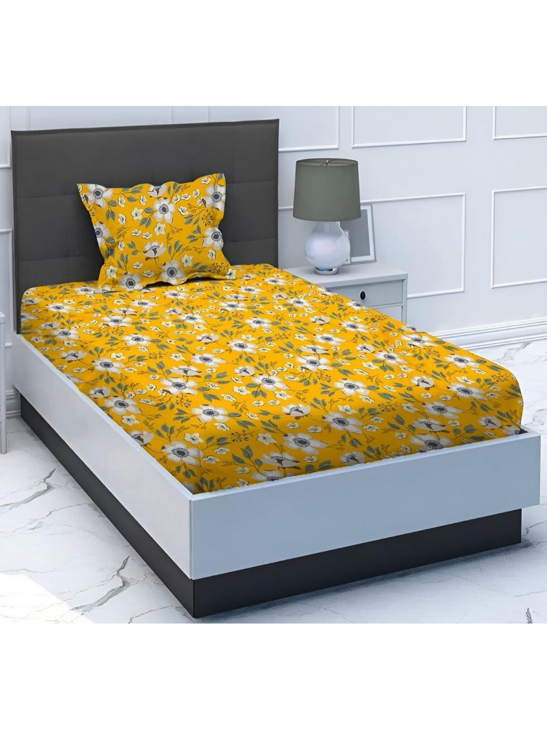 RRC RR Creations Yellow Floral Microfiber 144 TC Single Bedsheet with a Pillow Cover-60 x 90 inches
