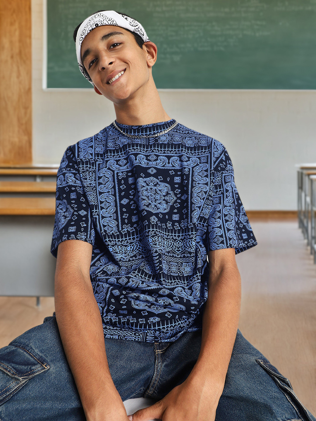 VEIRDO Boys Graphic Printed Round Neck Pure Cotton Oversized T-Shirt
