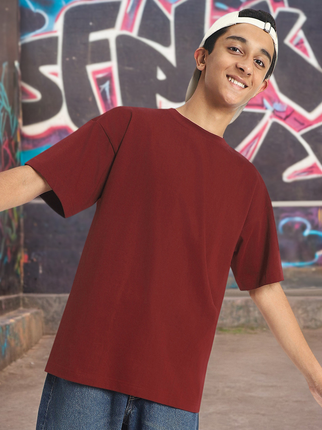 VEIRDO Boys Solid Round Neck Pure Cotton Oversized Tshirt