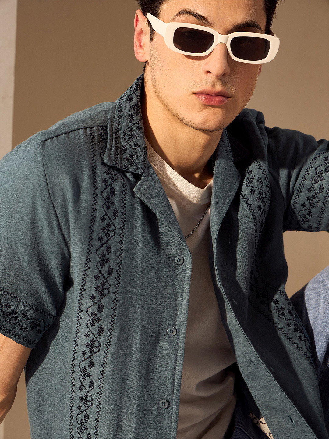 DENNISON Men Muslin Double Gauze Embroidery Oversized Shirt