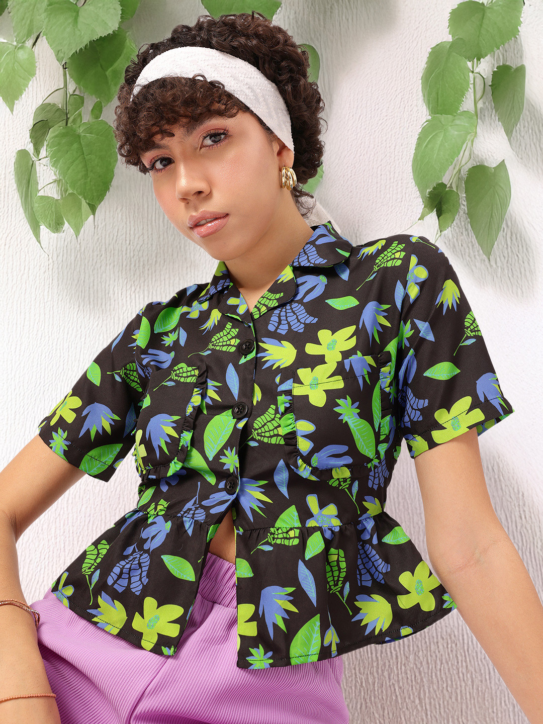 DressBerry Tropical Printed Flounce Hem Shirt-Style Top