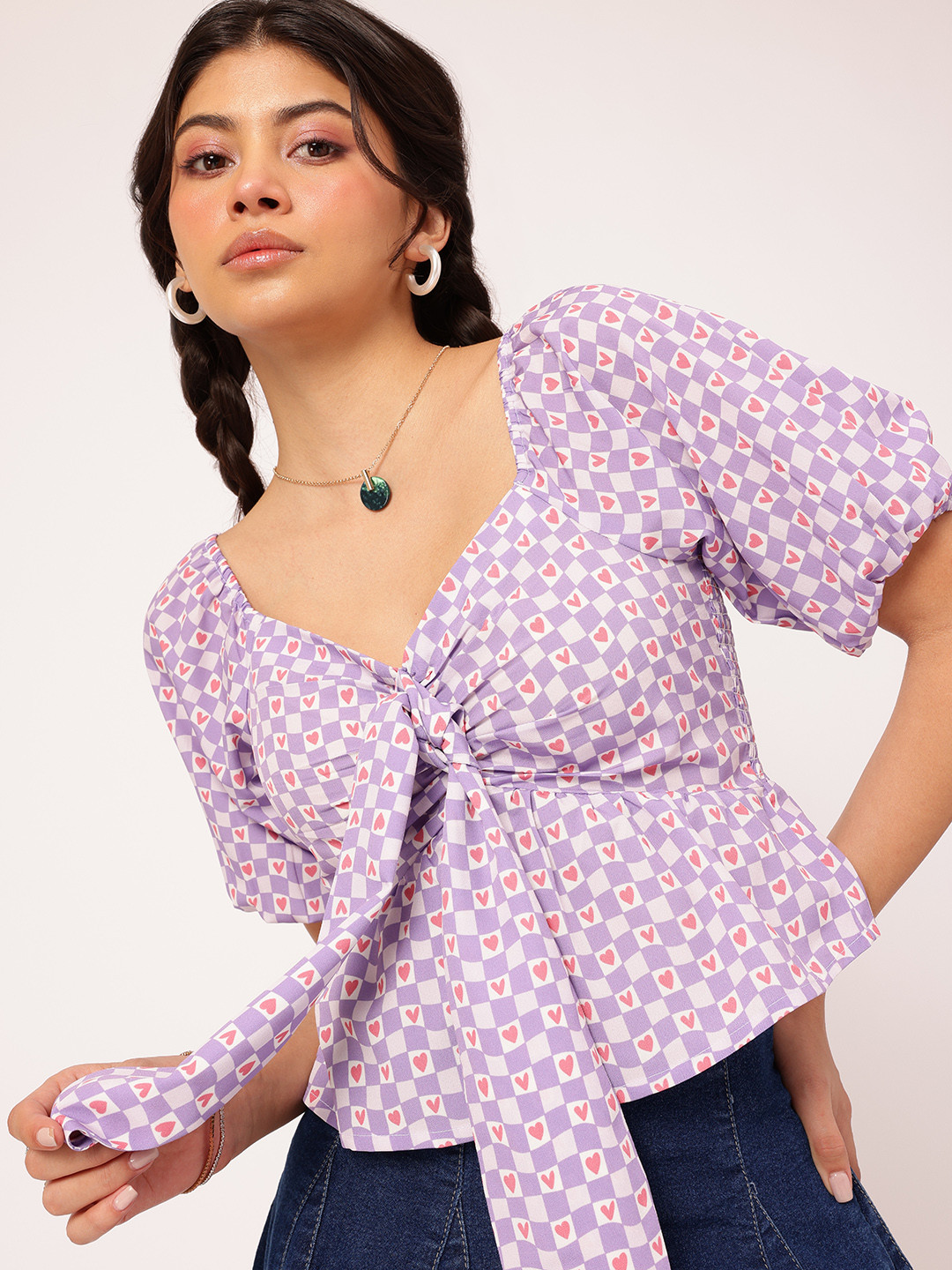 DressBerry Check Printed Smocked Empire Top