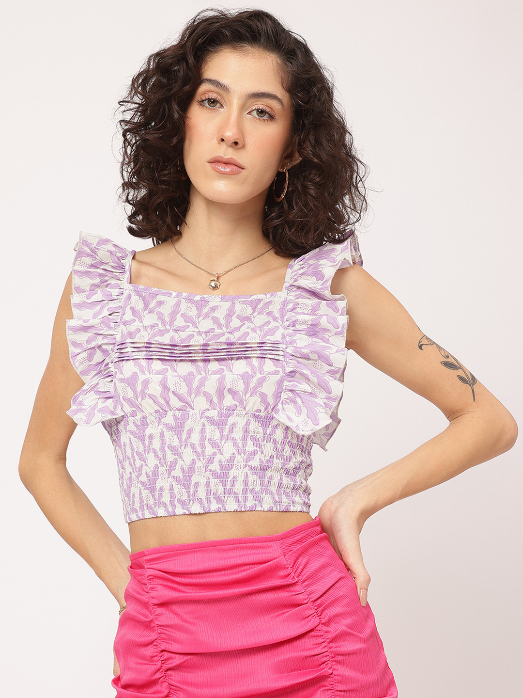 DressBerry Lavender Printed Ruffled Smocked Crop Top