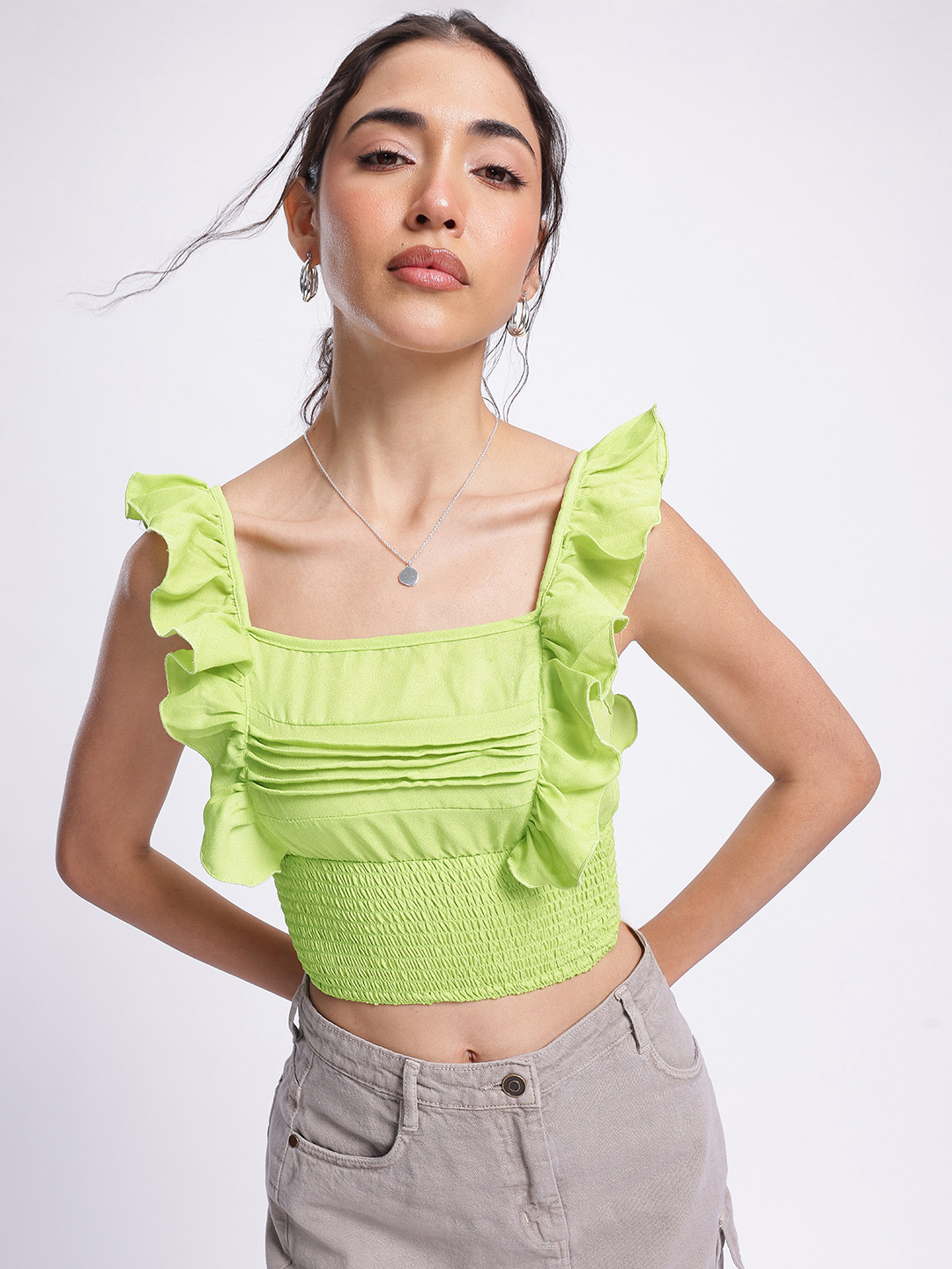 DressBerry Smocking Ruffled Pleated Crop Top