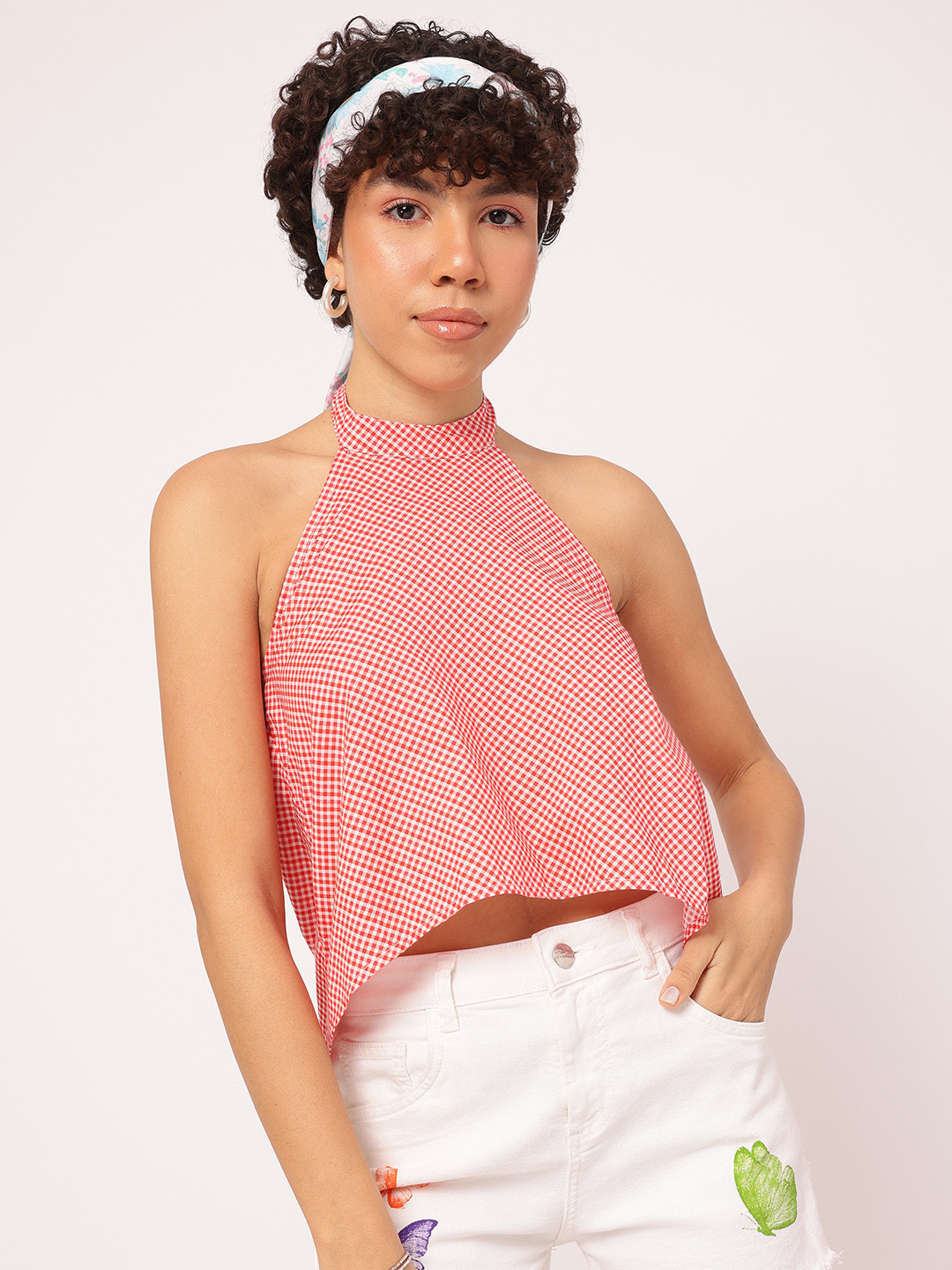 DressBerry Gingham Checks Halter Neck High-Low Top