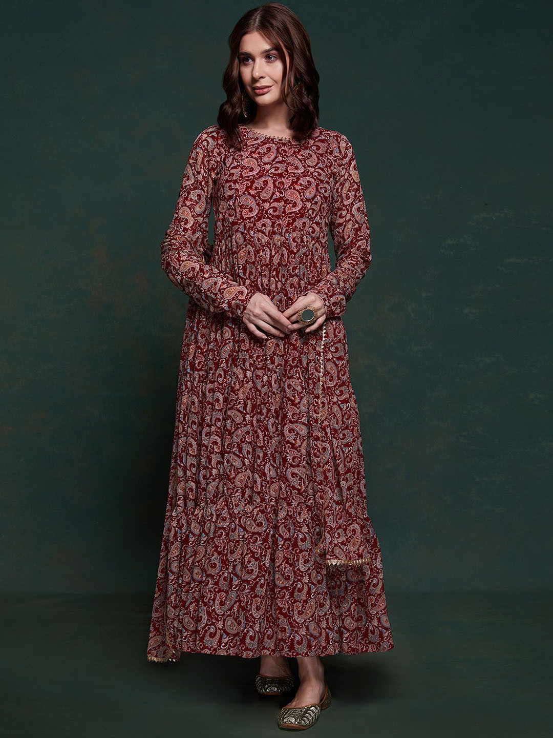 ODETTE Paisley Printed Gotta Patti Tiered Organza Anarkali Kurta With Dupatta