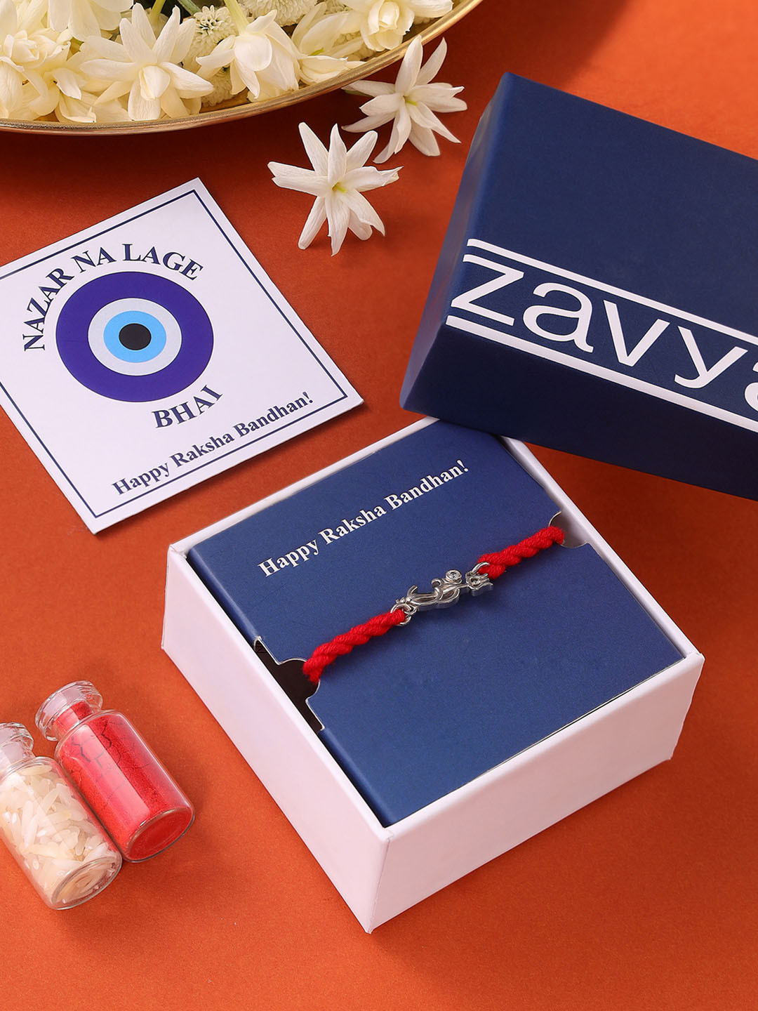 Zavya 925 Sterling Silver Om & Thrishul Threaded Brother Rakhi, Roli & Chawal Set