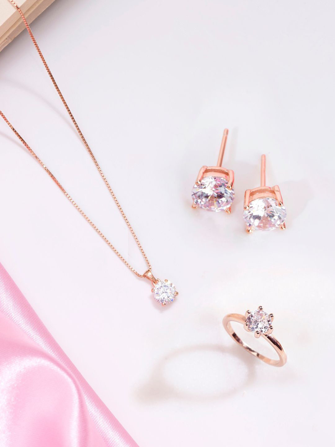 Zavya 925 Pure Silver Rose Gold-Plated Cubic Zirconia Stone Studded Jewellery Set