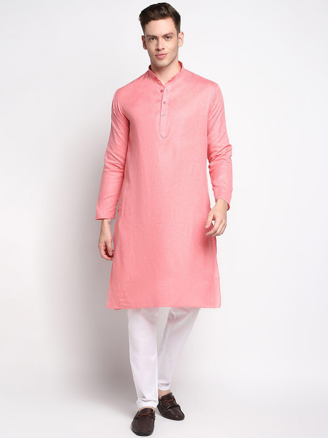 DEVOILER Pink Mandarin Collar Long Sleeves Straight Cotton Kurta