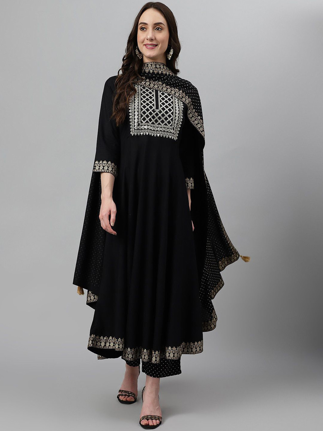 Black Teetar Floral Yoke Design Regular Sequinned A-Line Kurta With Trousers & Dupatta