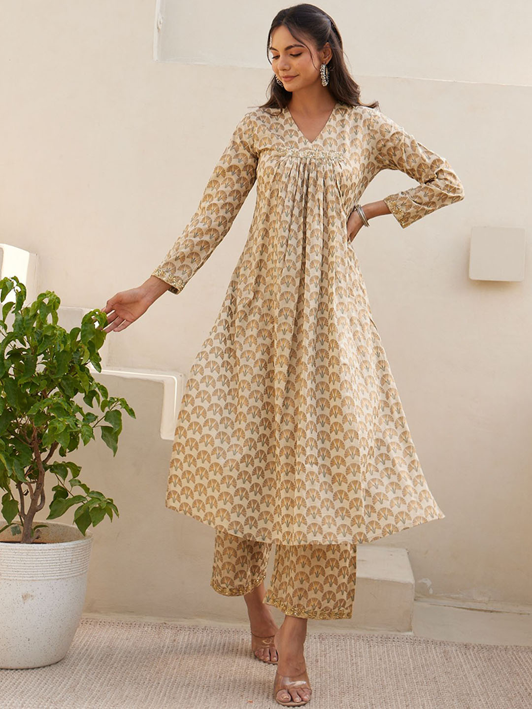 HERE&NOW Beige Floral Printed V-Neck Pure Cotton Straight Kurta With Palazzos