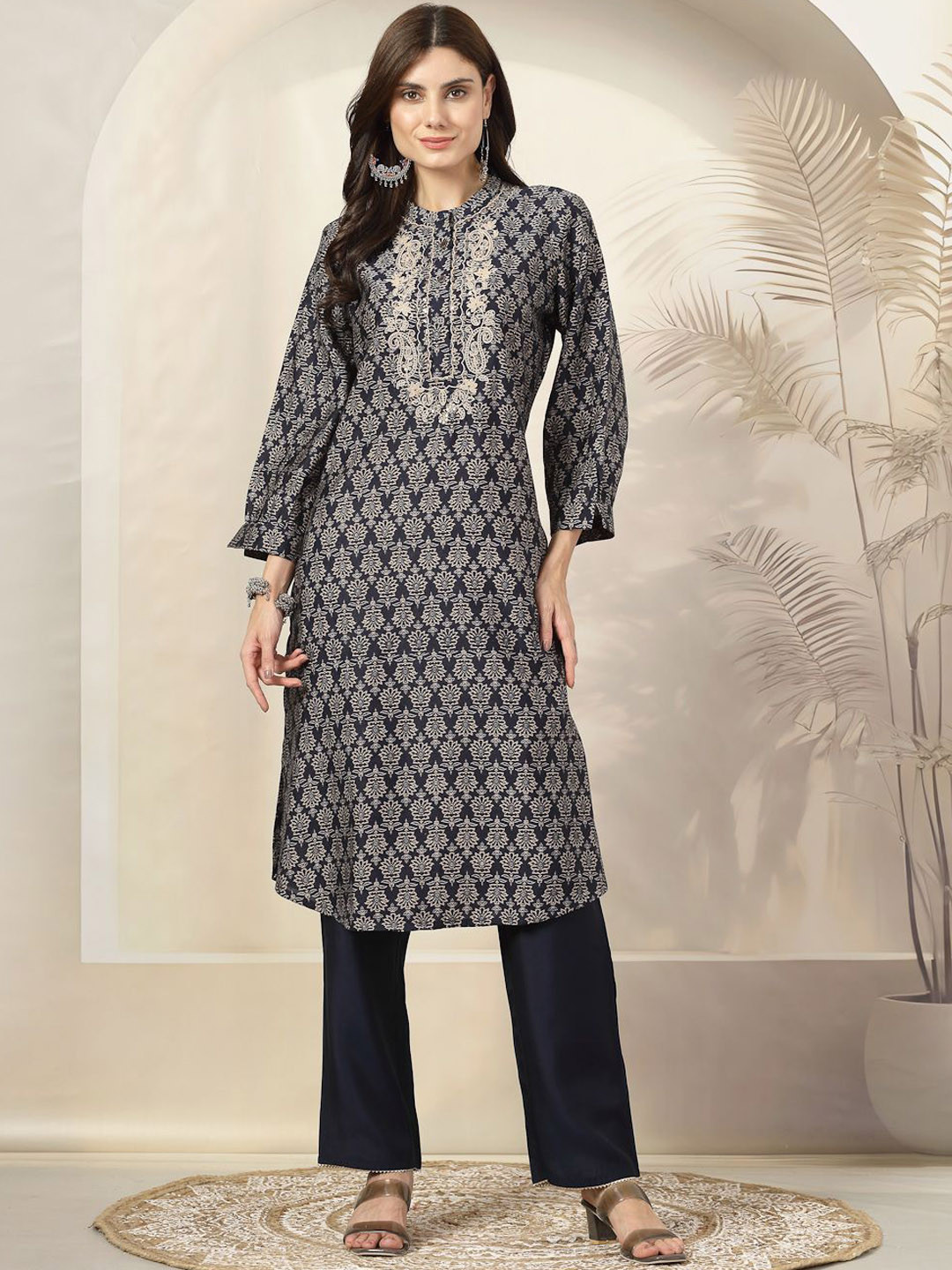 Nayam By Lakshita Floral Printed Mandarin Collar A-Line Kurta With Trousers Set