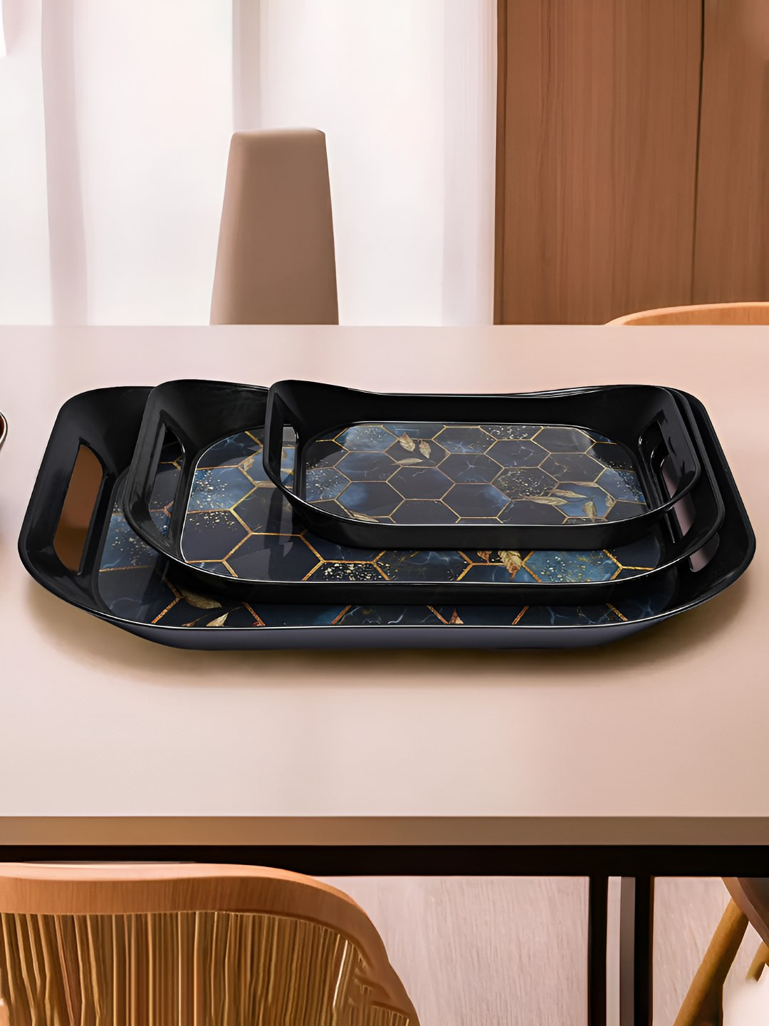 Kuber Industries Black 3 Pieces Printed Non-Slip Serving Tray