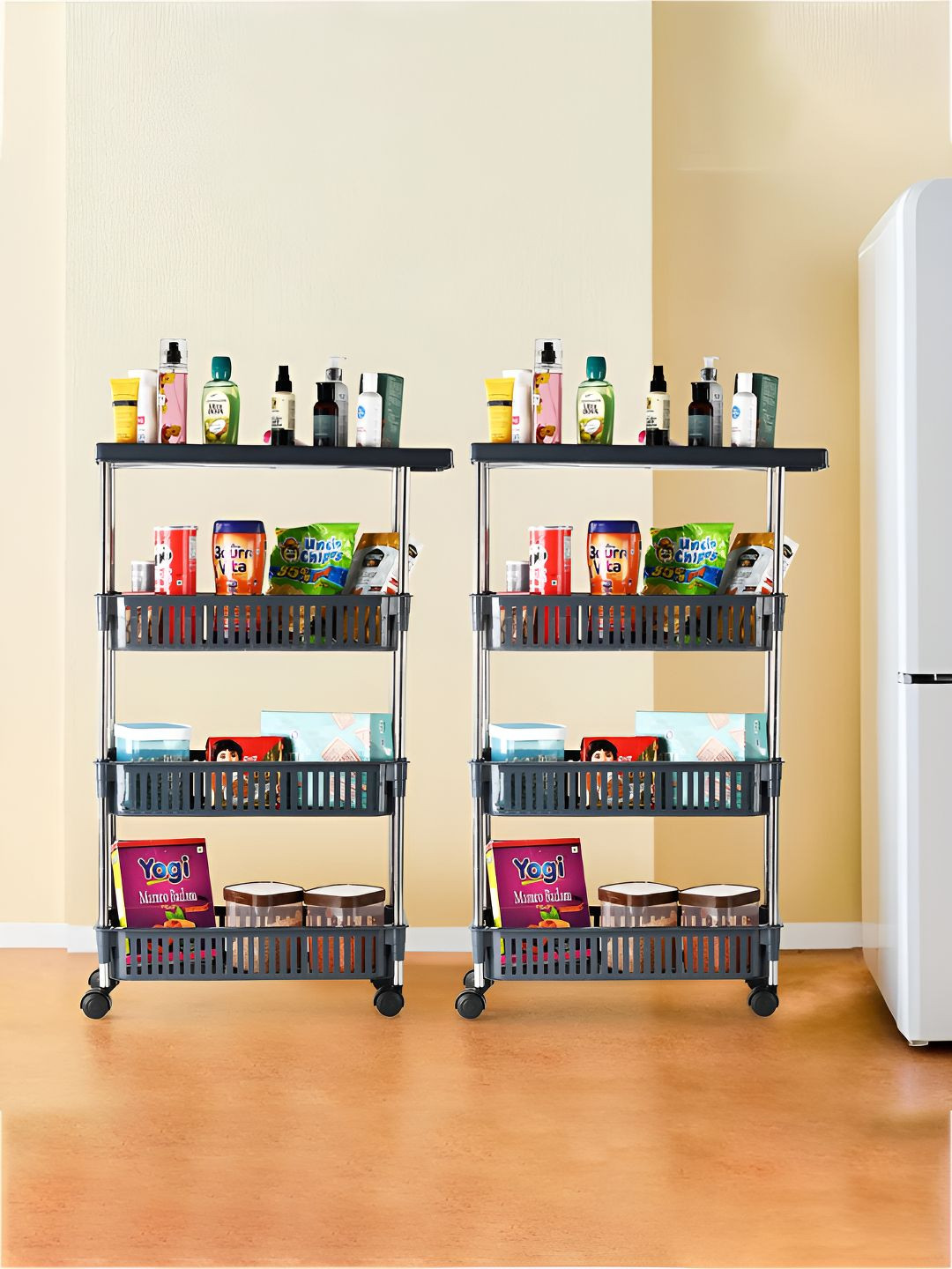 Kuber Industries Grey 2 Pieces 4-Layer Storage Rack With 360 Degree Wheels