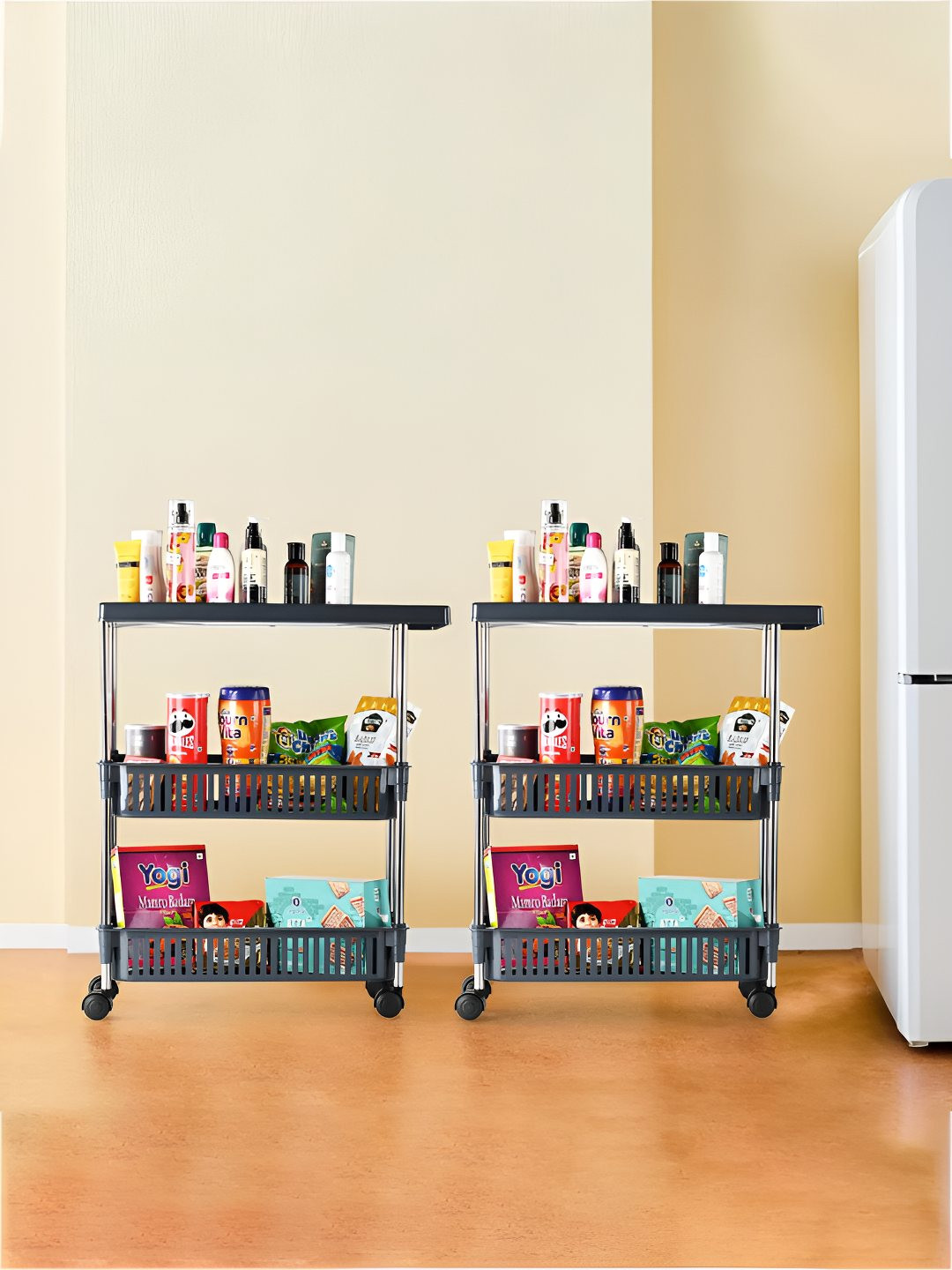 Kuber Industries Grey 2 Pieces 3-Layer Storage Rack With 360 Degree Wheels