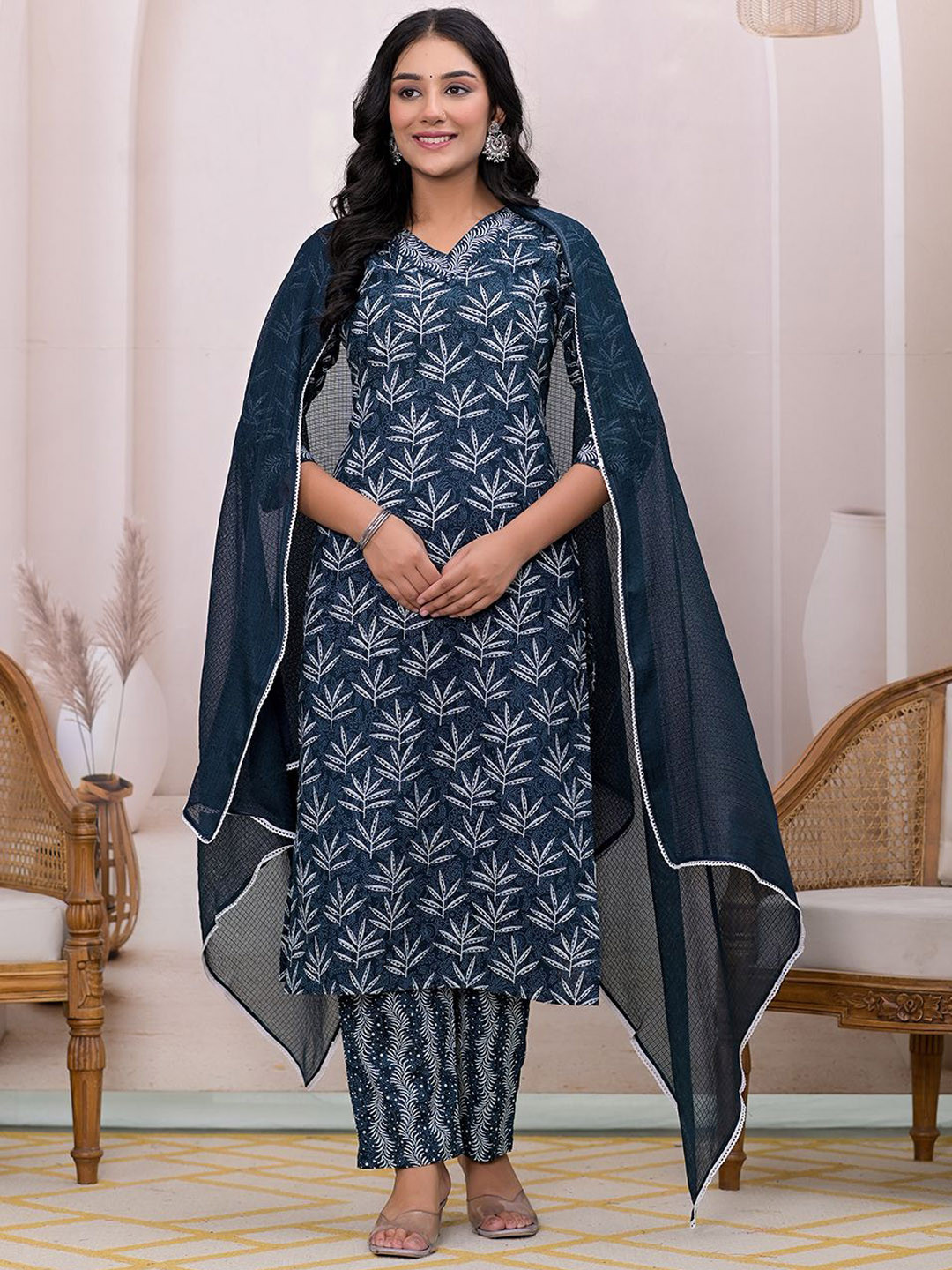 Yufta Teal Blue Printed Beads & Stones Pure Cotton Straight Kurta With Trousers & Dupatta