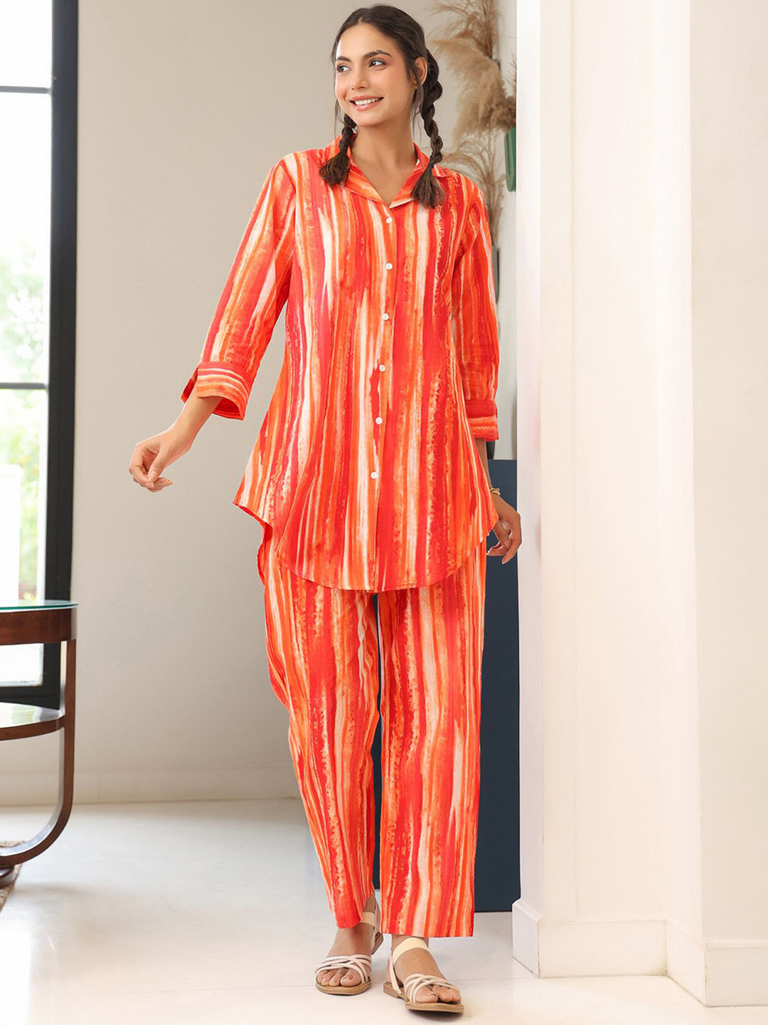 JISORA Orange-Coloured Abstract Printed Pure Cotton Tunic With Trousers