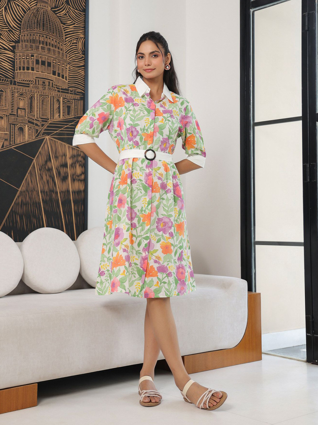 JISORA Women White Floral Print Bell Sleeve Cotton Wrap Dress