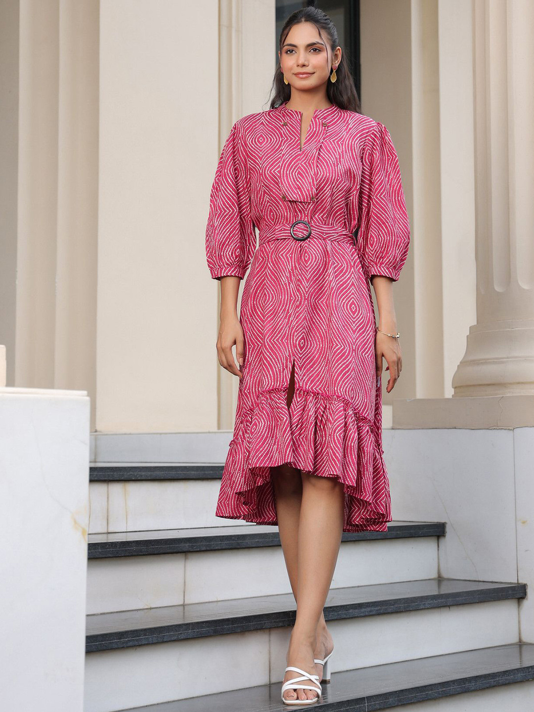 JISORA Women Printed Puff Sleeve Fit and Flare Cotton Tie-Up Neck Midi Dress