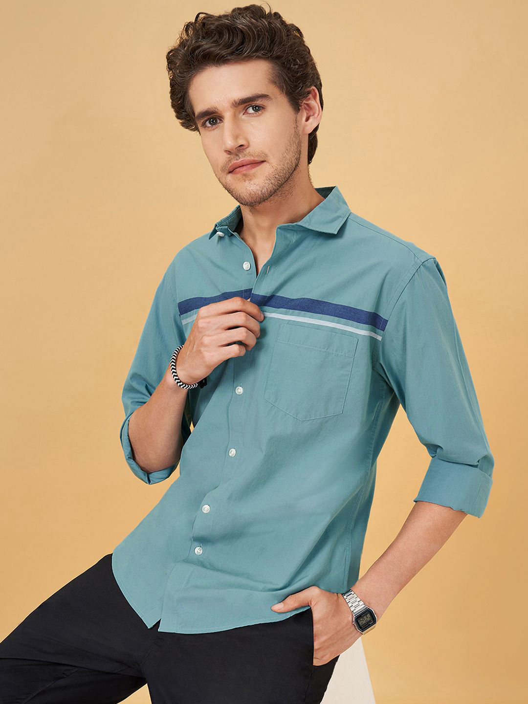 BYFORD by Pantaloons Men Spread Collar Horizontal Stripes Long Slevees Casual Shirt