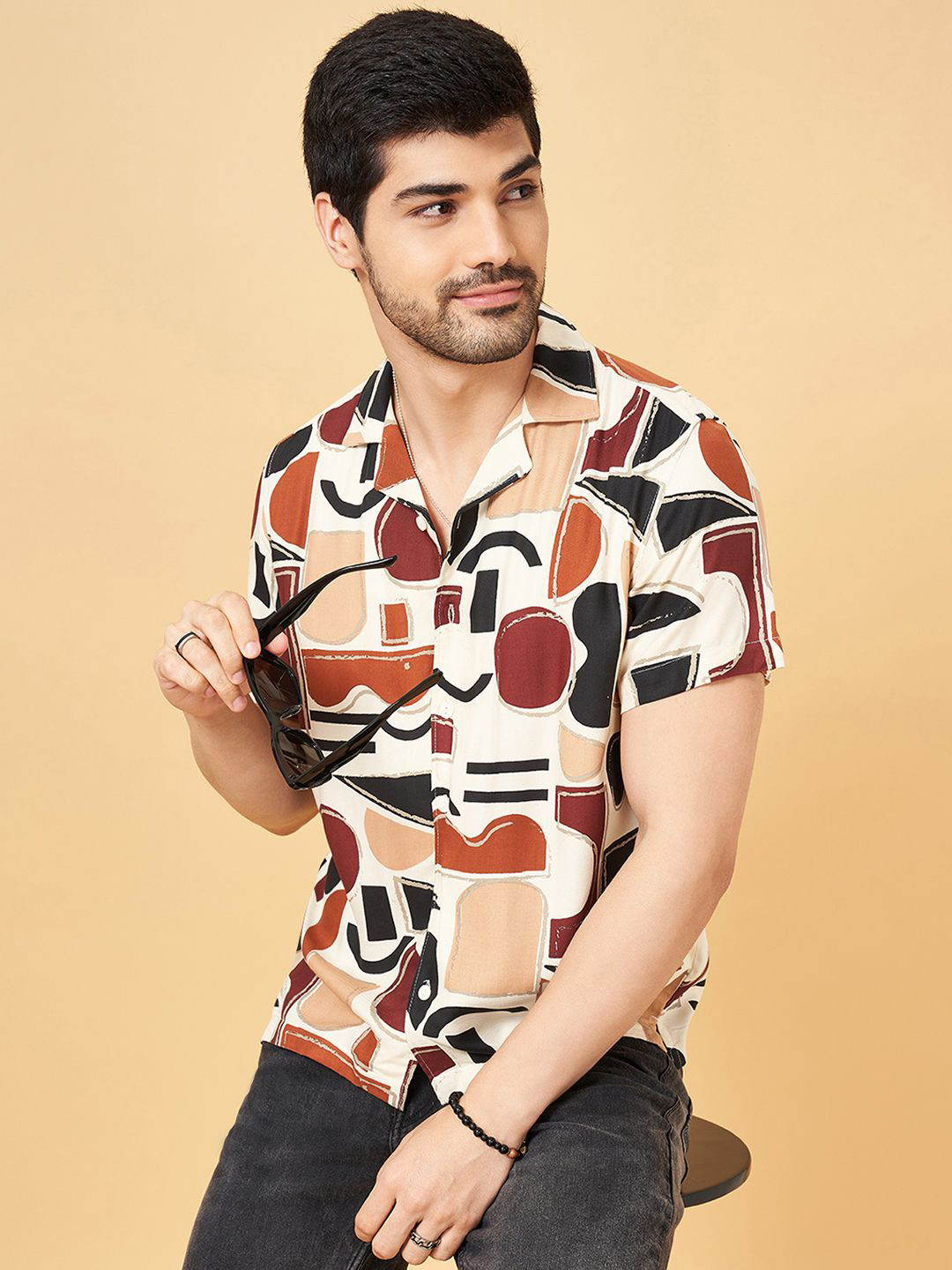 People Men Printed Slim Fit Cuban Collar Short Slevees Casual Shirt