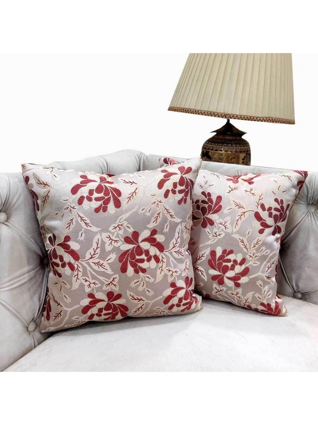 Good Vibes Peach-Coloured & Maroon 2 Pieces Floral Square Cushion Covers