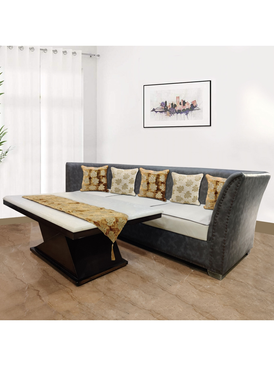 Good Vibes Brown & Cream-Coloured 5 Pieces Velvet Square Cushion Covers