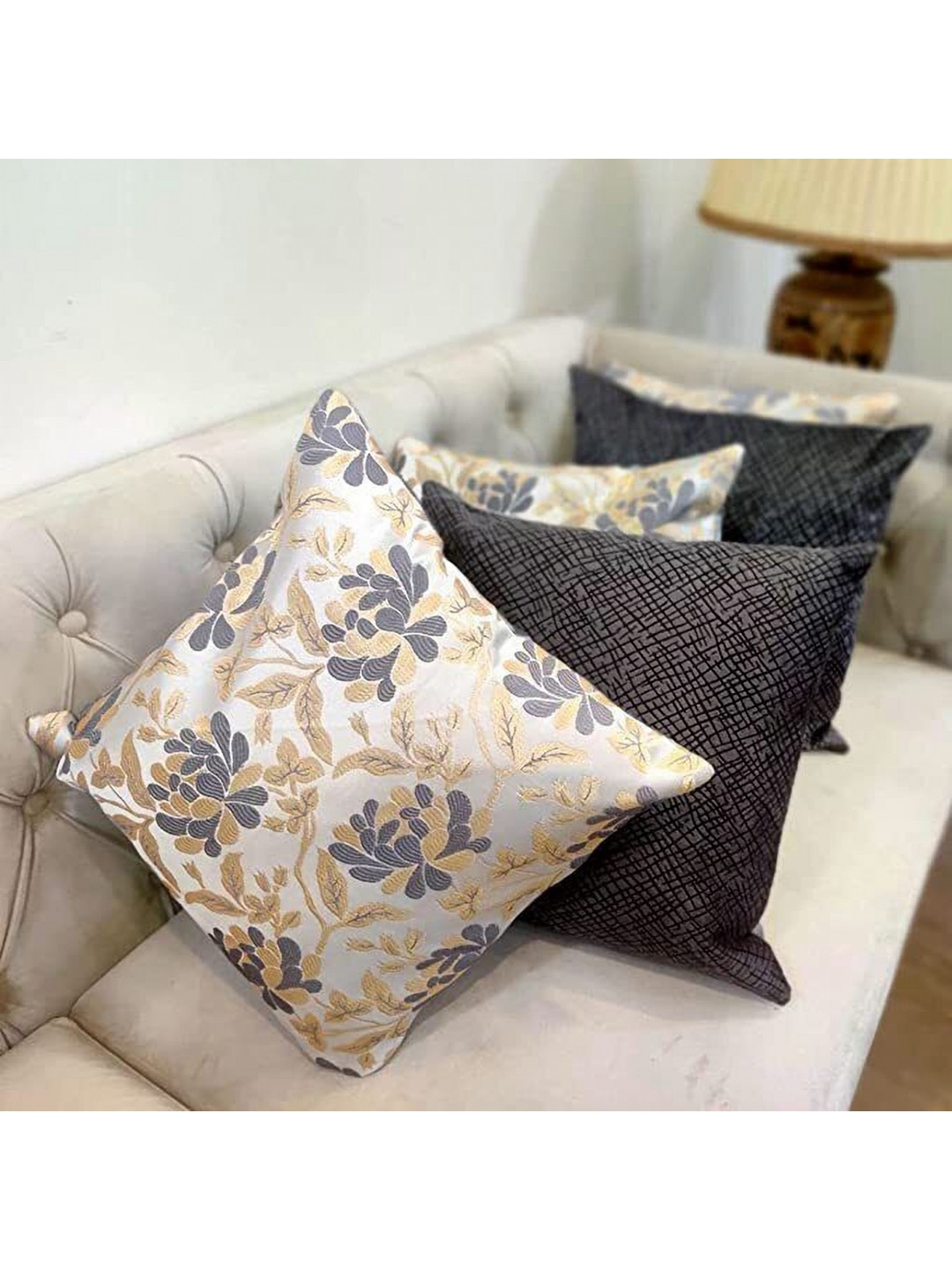 Good Vibes Silver-Toned & Off White 5 Pieces Floral Square Cushion Covers