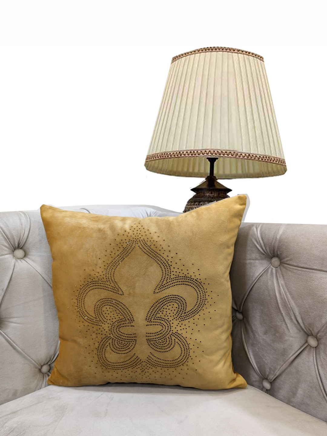 Good Vibes Mustard Velvet Durable Embroidered Square Cushion Cover -16x16In