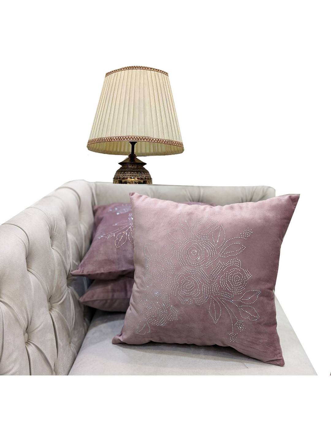 Good Vibes Pink Embellished Velvet Durable 3 Pcs Square Cushion Covers - 15.7 x 15.7 In