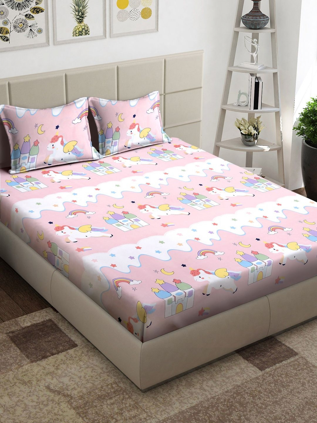 Arrabi Pink Cartoon Characters Polycotton 300 TC King Fine Bedsheet with 2 Pillow Covers-59 x 87 inches