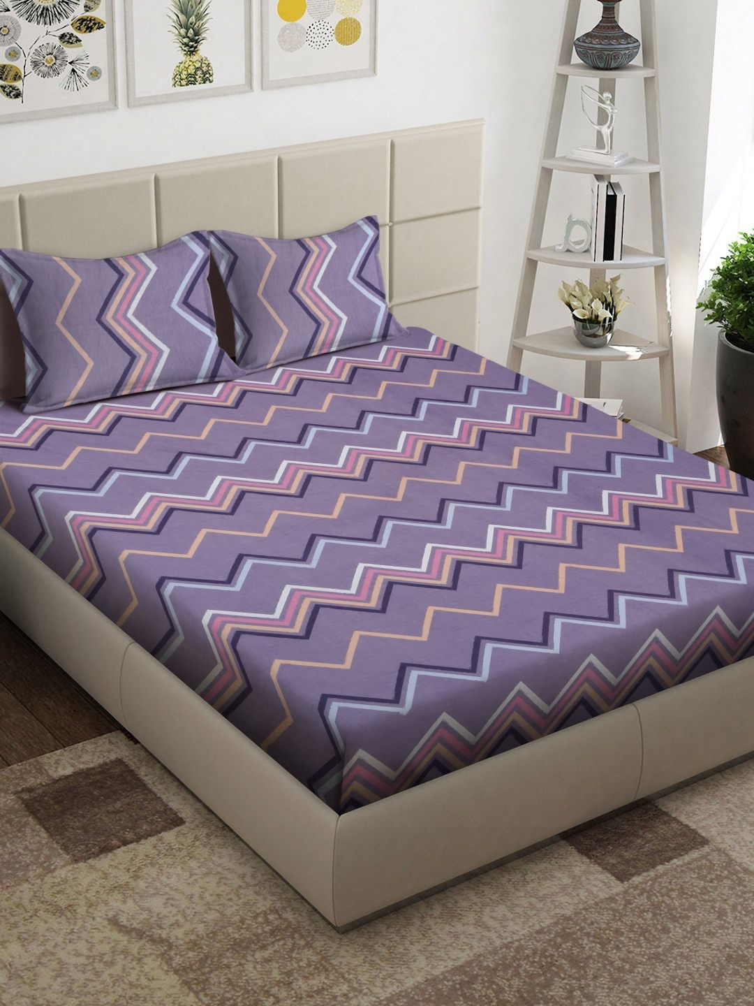 Arrabi Purple Chevron Cotton 300 TC King Fine Bedsheet with 2 Pillow Covers-98 x 85 inches
