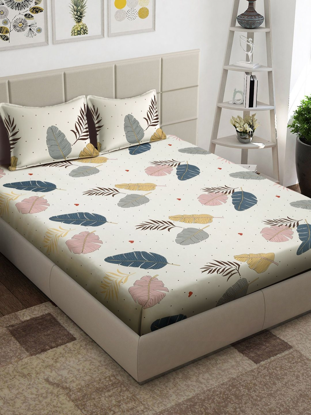 Arrabi Cream Leaf Polycotton 300 TC King Fine Bedsheet with 2 Pillow Covers-87 x 93 inches