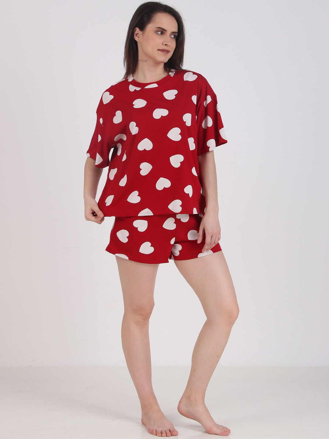 Masha Women Heartful Oversized Cotton Top & Shorts Night suit