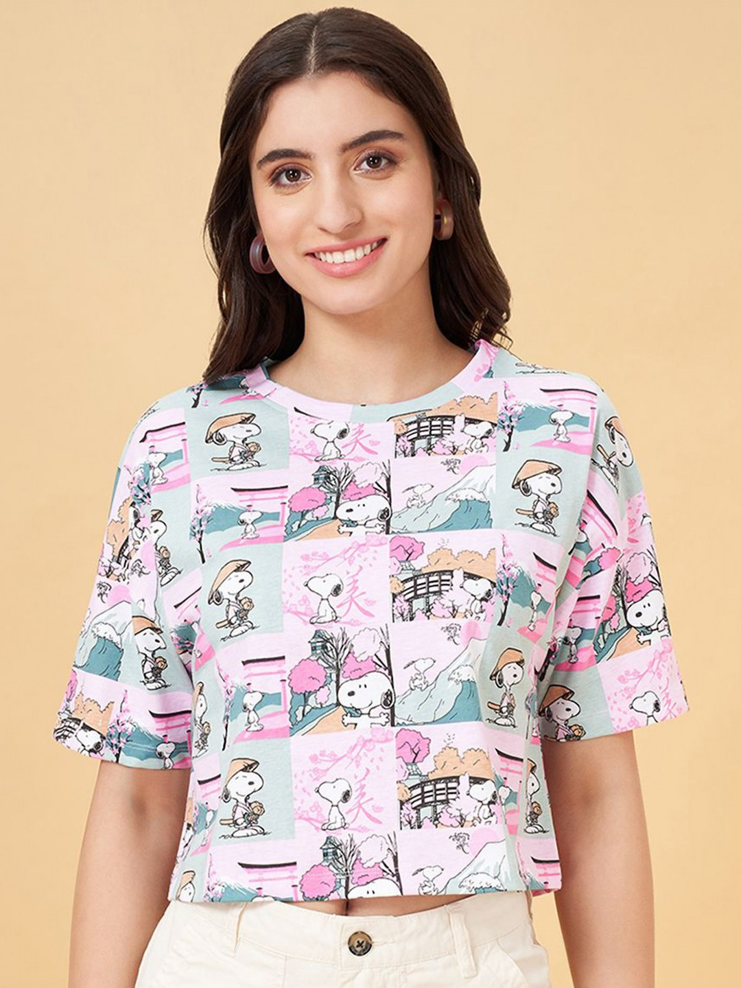Honey by Pantaloons Women Floral Printed V-Neck Raw Edge Boxy T-shirt