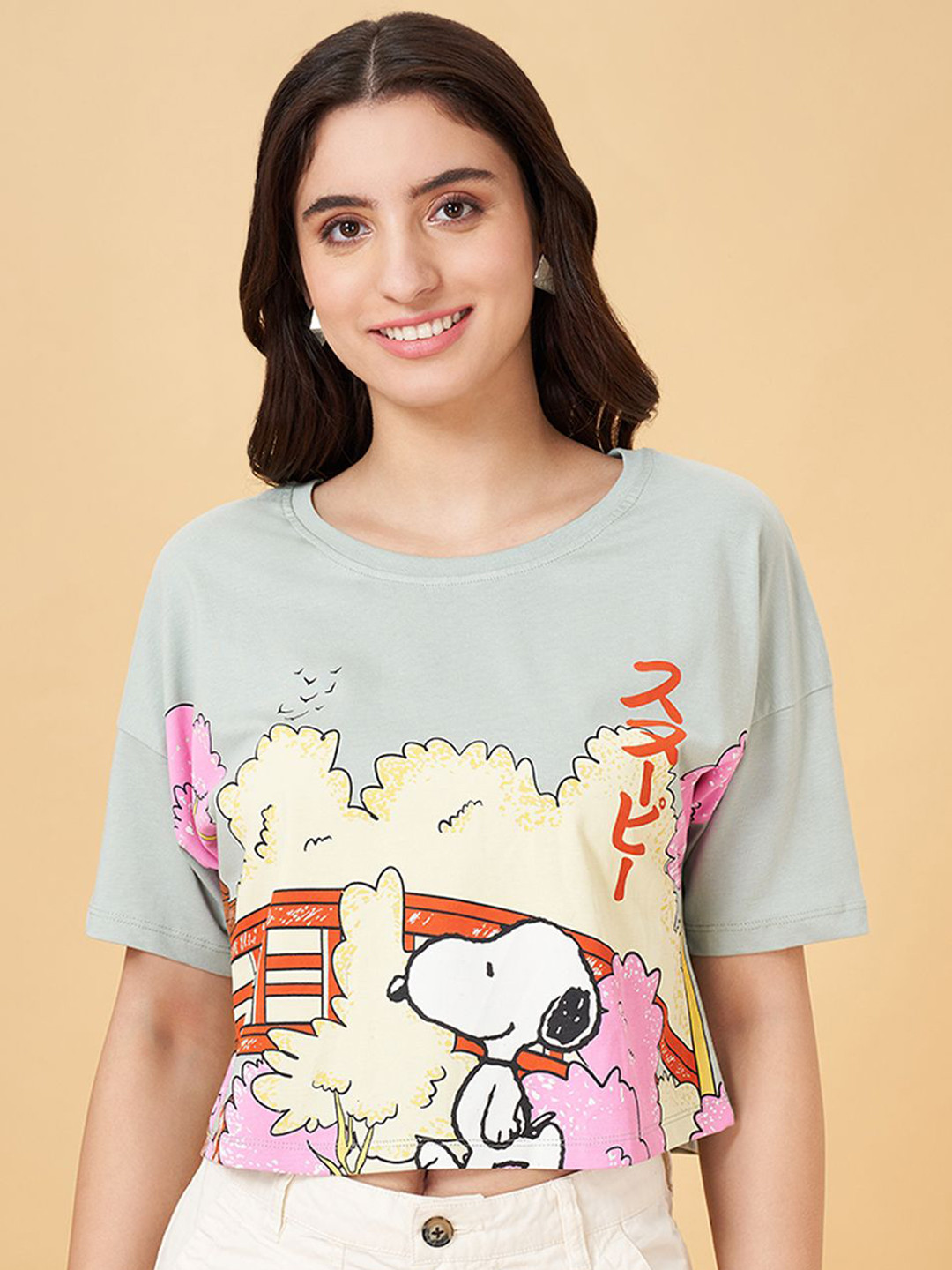 Honey by Pantaloons Women Printed Extended Sleeves Boxy T-shirt