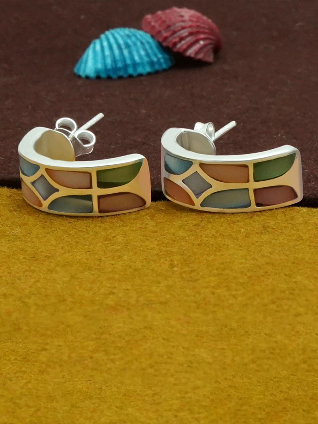 925 SILLER Pure Silver Geometric Statement Colorful Hoop Earrings