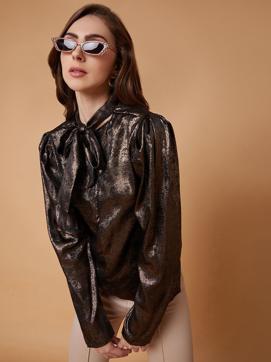 SHOWOFF Women Solid Bling & Sparkly Tie-Up Neck Nylon Top