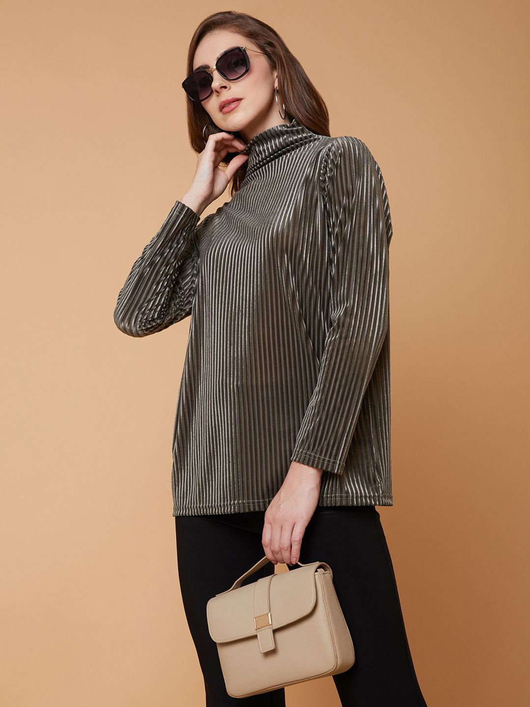 SHOWOFF Women Vertical Striped Knits High Neck Nylon Top