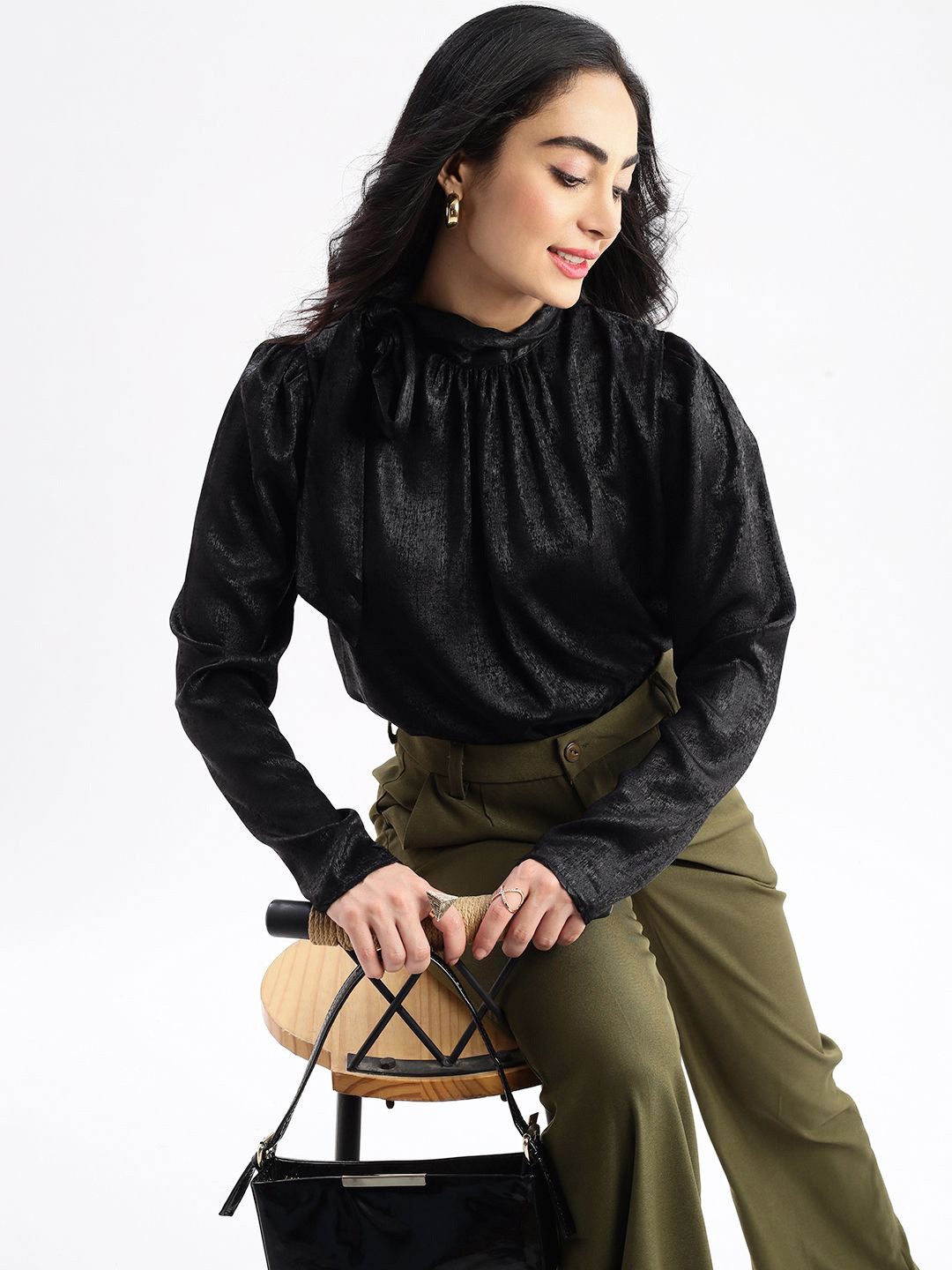 SHOWOFF Women Solid Bling & Sparkly Tie-Up Neck Nylon Top