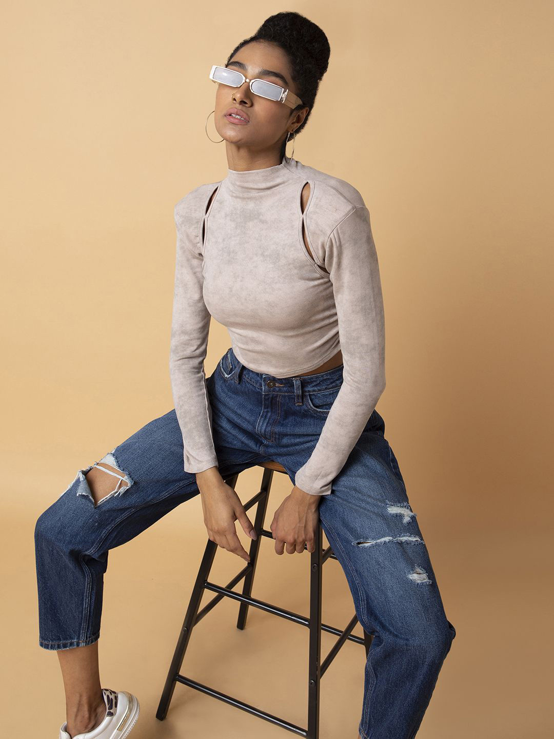 SHOWOFF Women Solid Ruched High Neck Acrylic Top