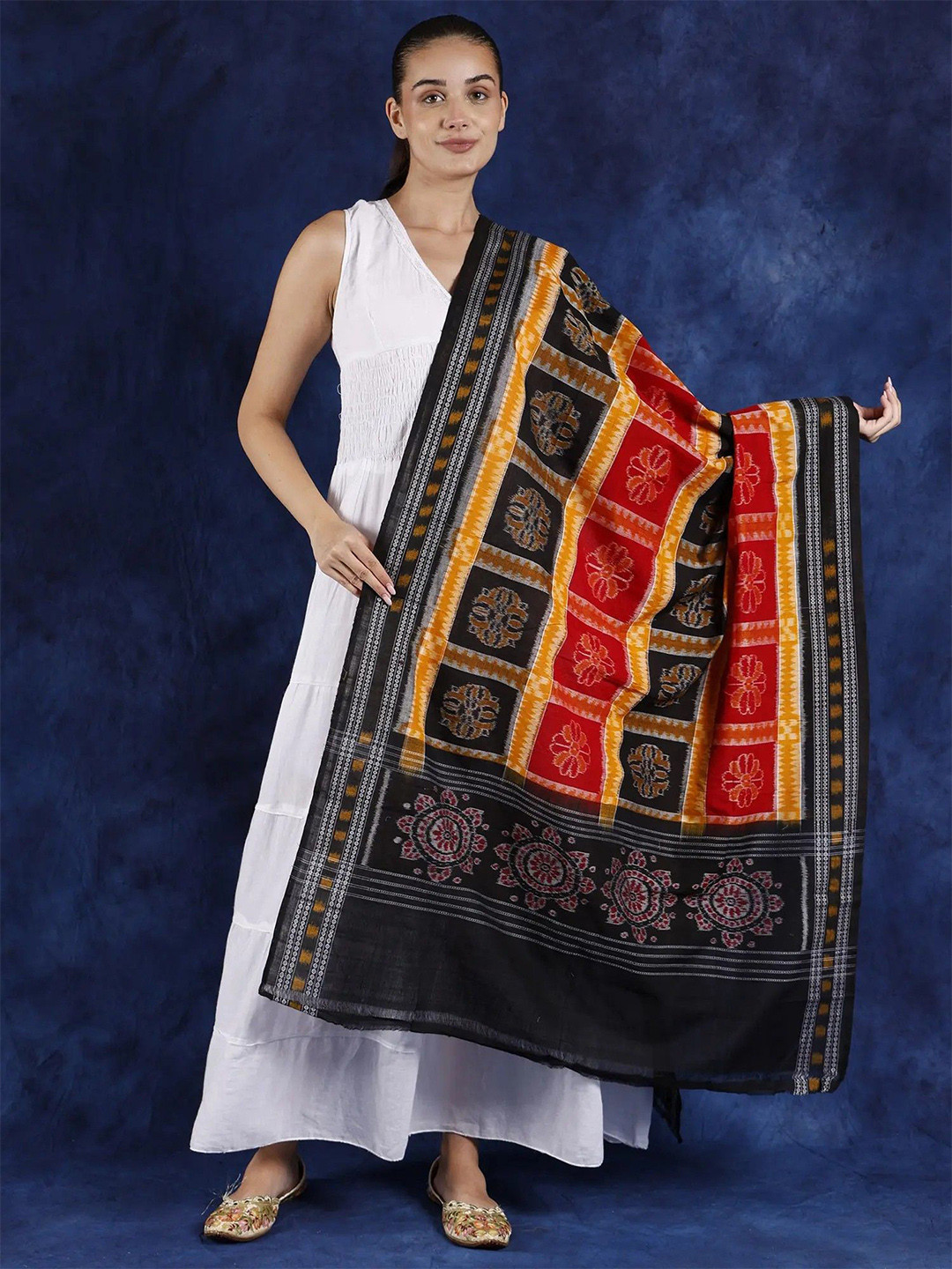 Exotic India Caviar Ikat Handloom Pure Cotton Sambalpur Dupatta with Woven Flowers