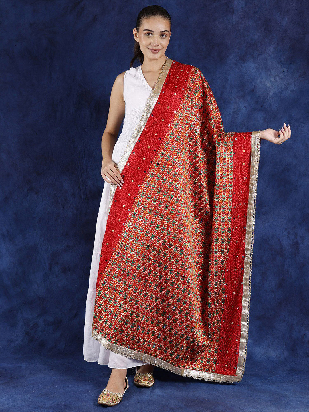 Exotic India Mars Red Multicolor Thread Embroidery and Bead-Mirror Work Phulkari Dupatta