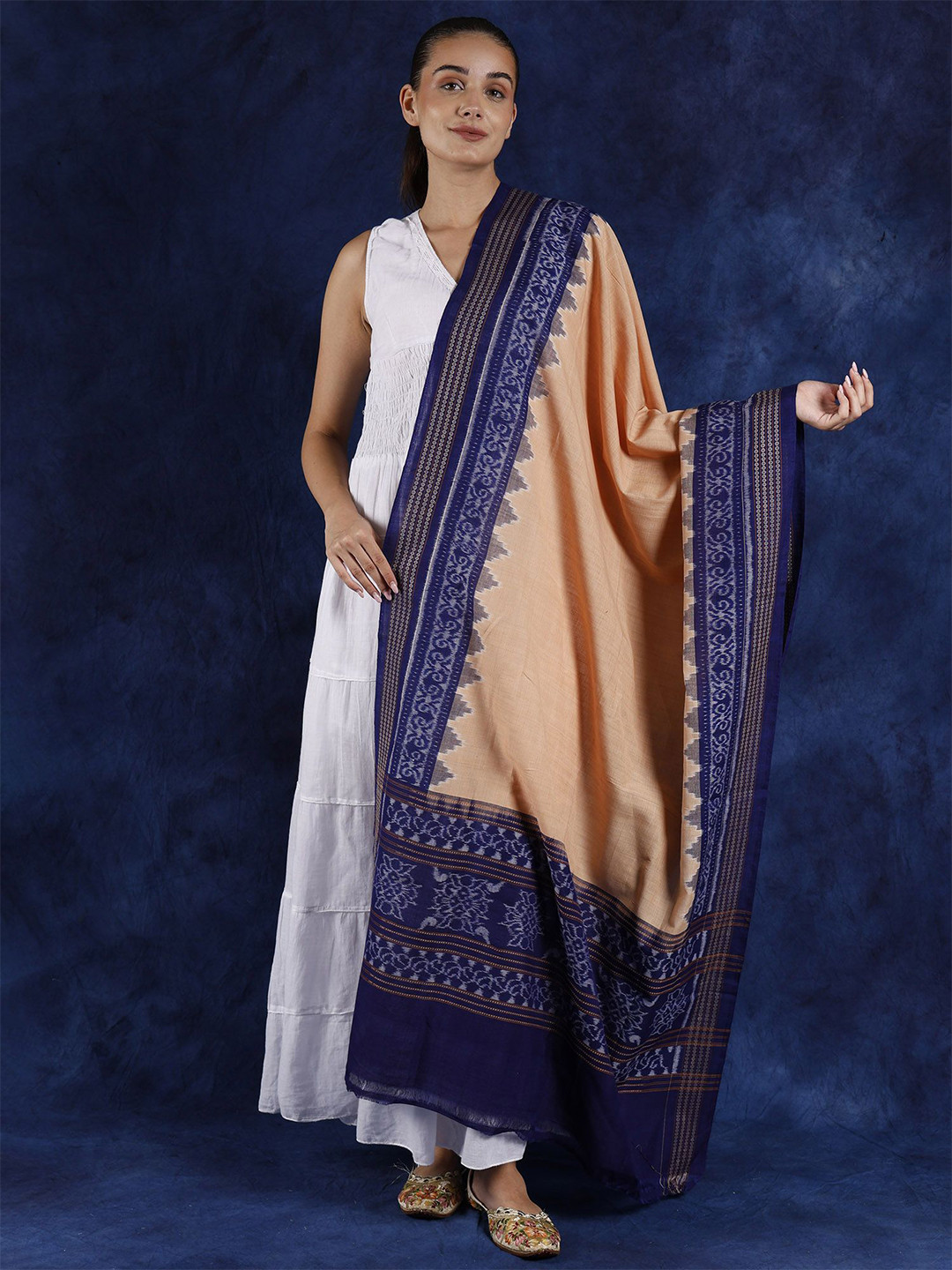 Exotic India Caramel Cream Pure Cotton Ikat Handloom Sambalpur Dupatta with Temple Border
