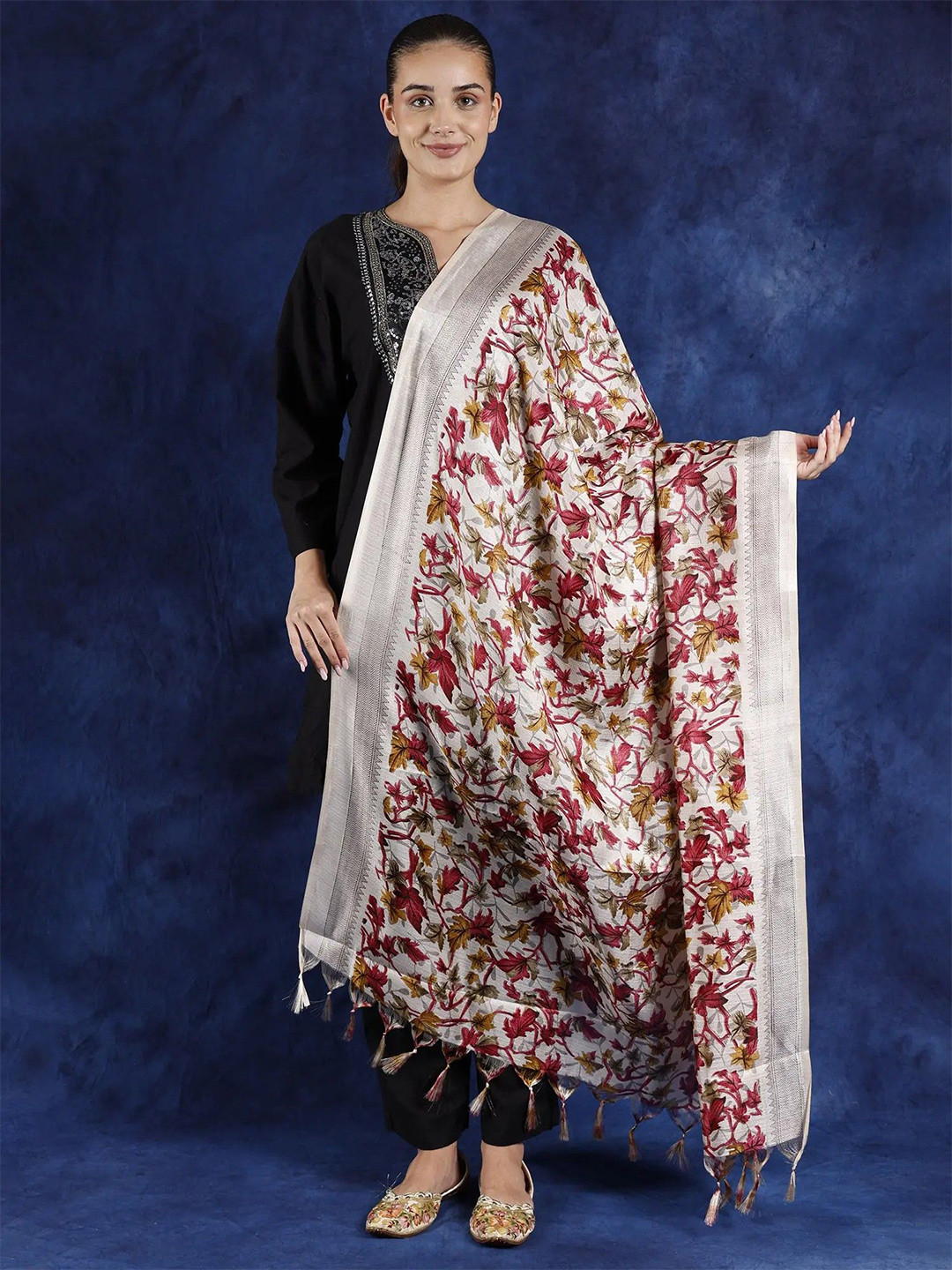 Exotic India Holly Berry Art Silk Maple Leaf Printed Silk Dupatta with Tassels