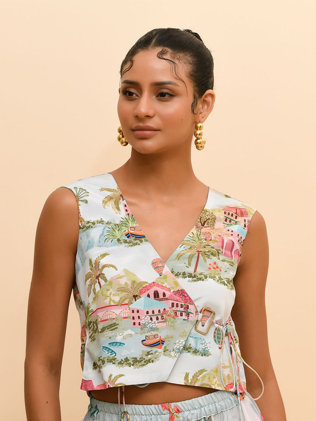 R.Y by Rishi and Vibhuti Printed Wrap Crop Top