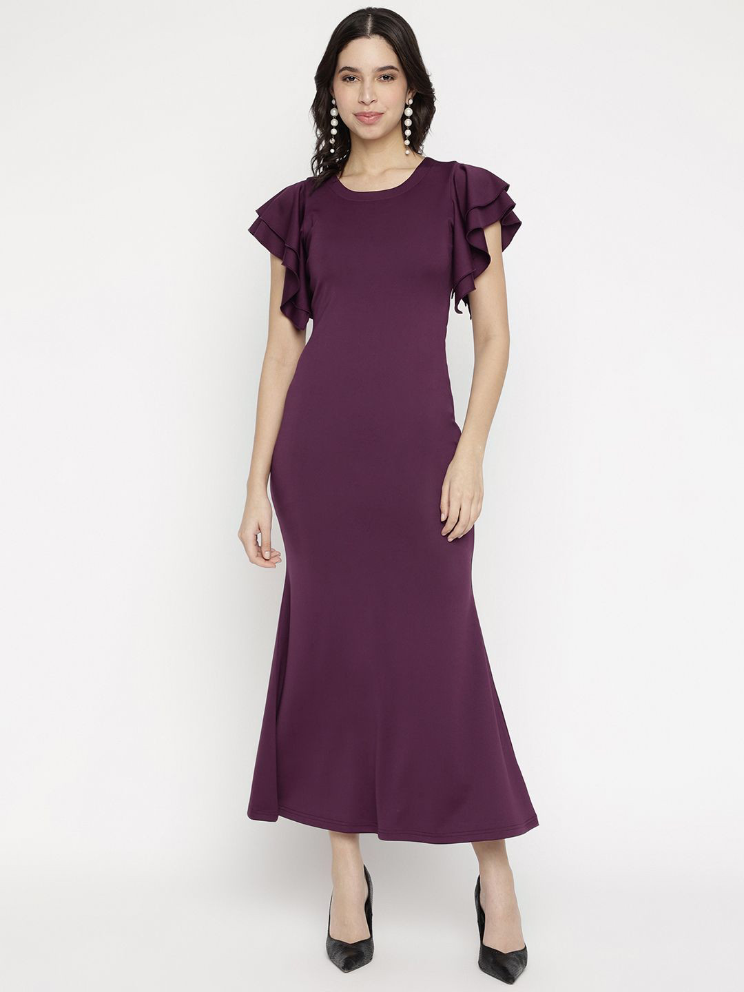 La Intimo Flutter Sleeve Crepe Maxi Dress